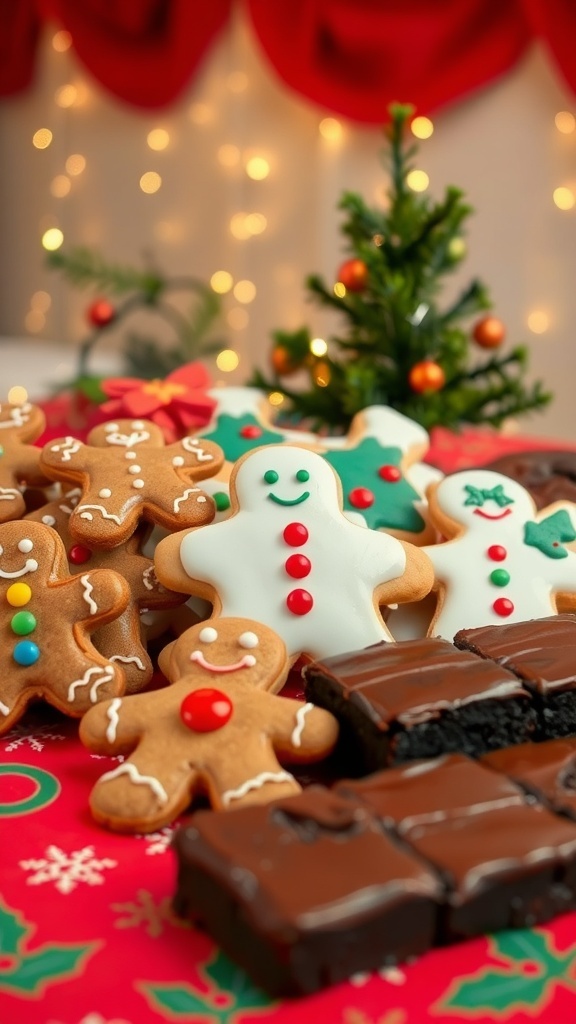 Easy Christmas Baking Recipes A collection of Christmas baked treats including sugar cookies, gingerbread men, and brownies on a festive table.